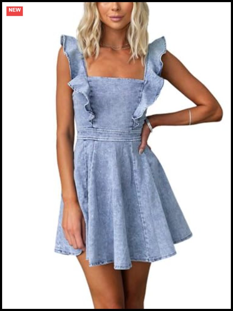 Ruffle Adjustable Strap Sleeveless Backless Babydoll Mini Jean Dress With Zipper